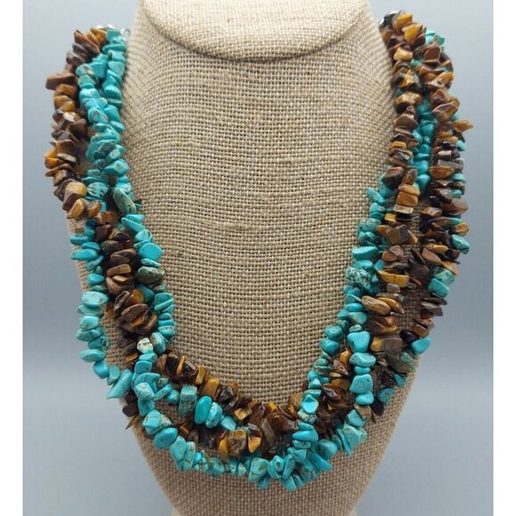 Artisan Boho Multi Strand Faux Turquoise & Tigers Eye Chip Stone Collar Necklace - Picture 3 of 7
